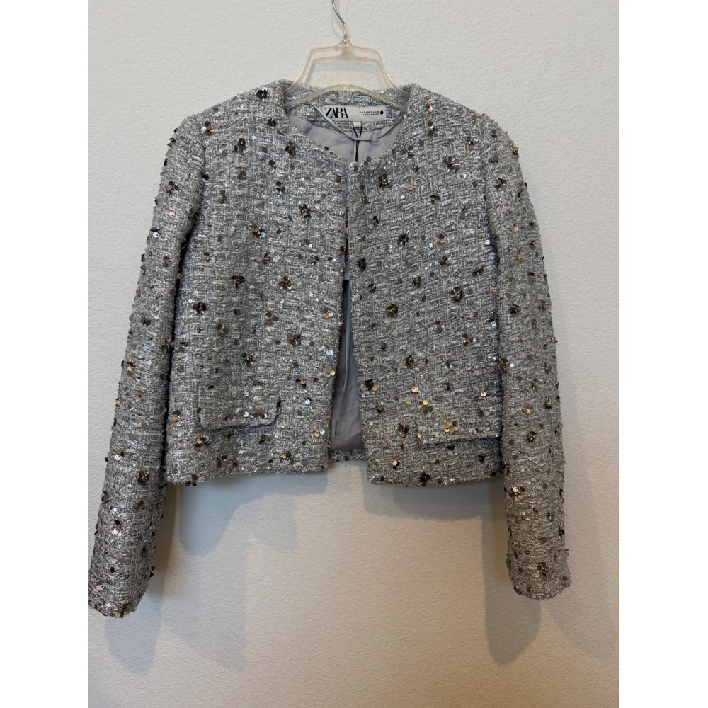Zara Embellished Tweed Cropped Jacket Small Sequin Metallic 2885/152/808 NWT